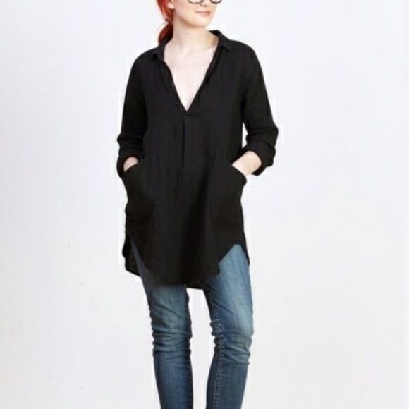 CP Shades Teton Black Collared V-Neck Long Sleeve Tunic Top with Pockets Size S - Picture 1 of 10